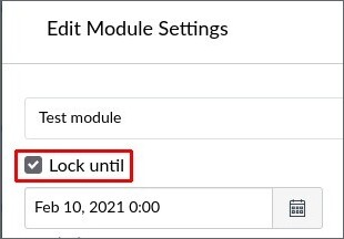 Editing test module. The box "Lock until" is checked and a date is filled in.
