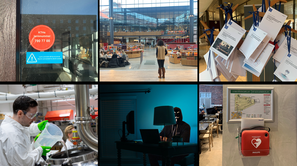 Collage from labs, emergency numbers, defibrillators, IT hackers, students in libraries and papers.