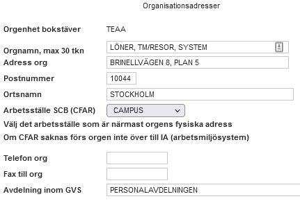 Bilden visar detaljvyn i organisationsadresser. Här ändras orgnamn och kontaktuppgifter till organisationen.
