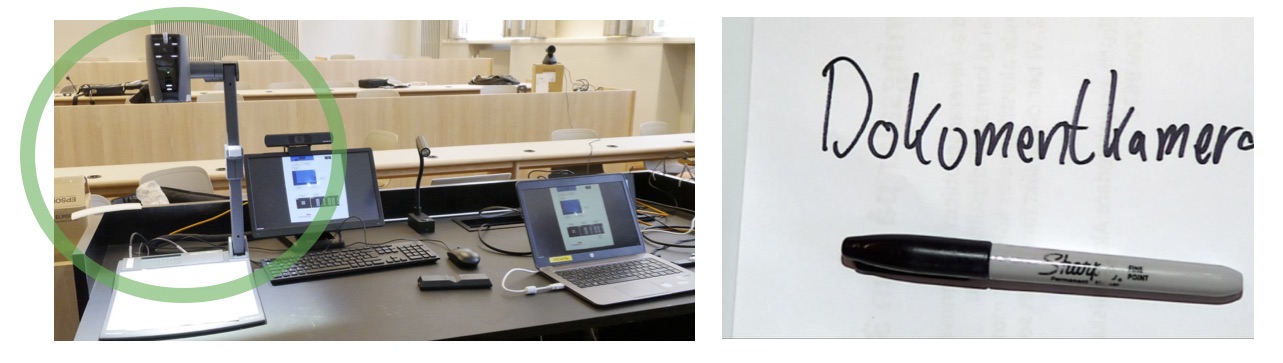 2 bilder: 1. en grönmarkerad dokumentkamera i undervisningssal. 2. svart penna på vitt papper med handskriven text: "Dokumentkamera". 