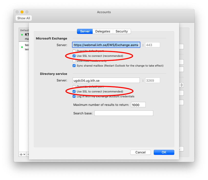  validera att SSL är aktiverat för ditt konto i Outlook för Mac
