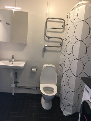 White tiled bathroom with toilet, shower, mirror and sink.