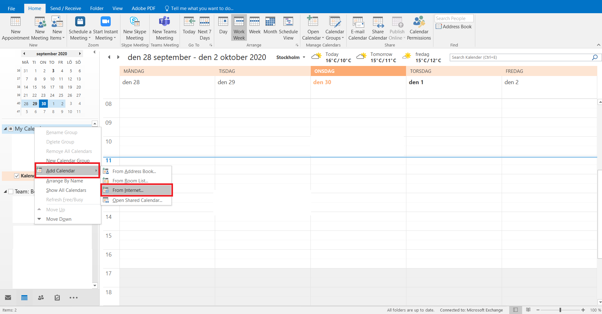 Add calendar in Outlook