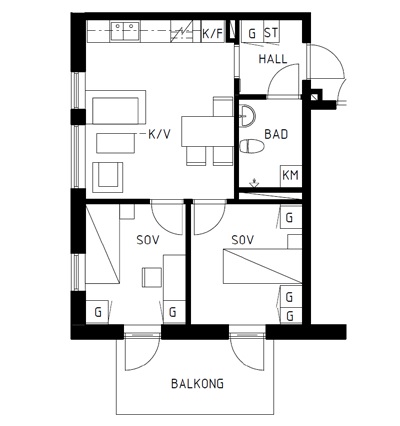 Floorplan of 2 bedroom apartment with bathroom, balcony and kitchen