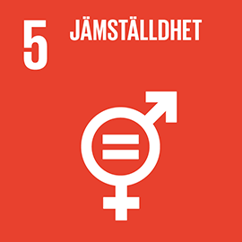 Röd box med vit text Jämställdhet och symbolen för globala hållbarhetsmålet  nummer 5