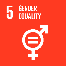 Red box with white text Gender Equality and symbol for global sustainability goal number 5