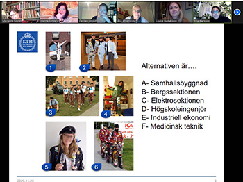 Slärmdump som visar studenter ikläddad sektionsoveraller i olika färger.
