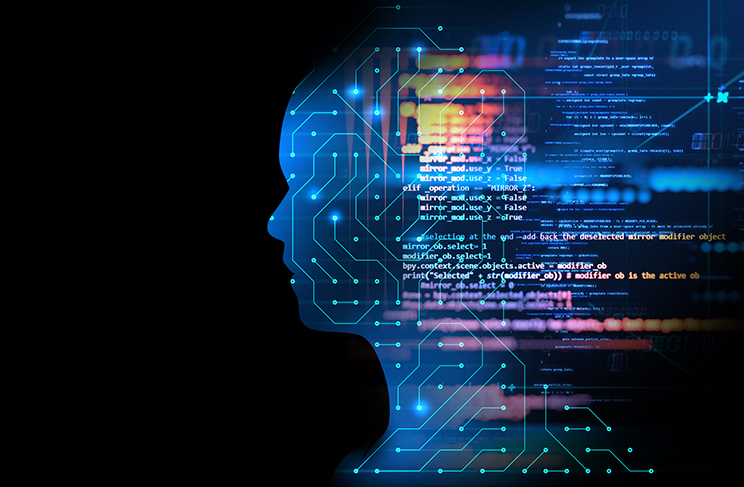 Bild visar ett huvud och nätverkspunkter som symbol för artificiell intelligens