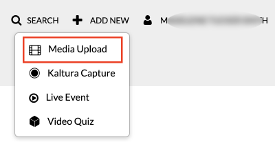 Skärmbild visar "Add new"-rullgardinsmeny, där "Media Upload" markerats. 