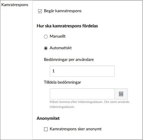 Skärmbild alla alternativ för Kamratrespons. Automatisk fördelning vald, 1 bedömning per användare