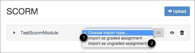 Screenshot of SCORM import drop-down menu. The two options are marked with numbers.