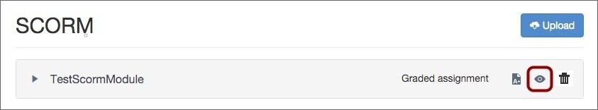 Uploaded SCORM assignment. The preview button is highlighted.