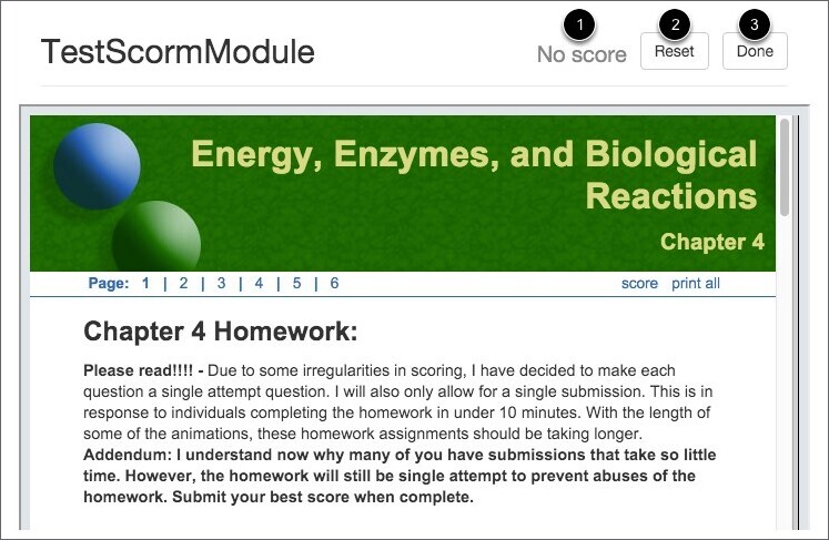 SCORM preview page. The buttons in the top right corner are highlighted