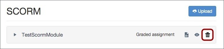 Uploaded SCORM assignment. The delete button is highlighted