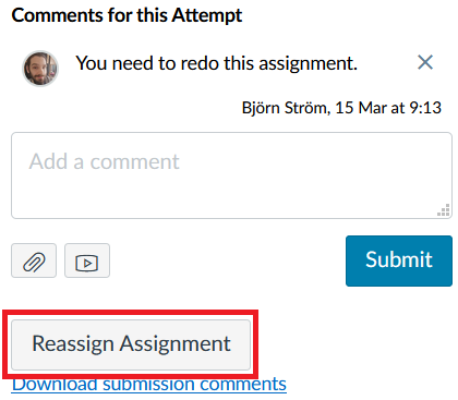 Screenshot Speedgrader comments. One comment visible. The button "reassign assignment" highlighted