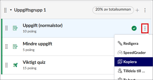 Uppgiftslista med alternativmenyn öppnad för en uppgift, med "kopiera" valt.