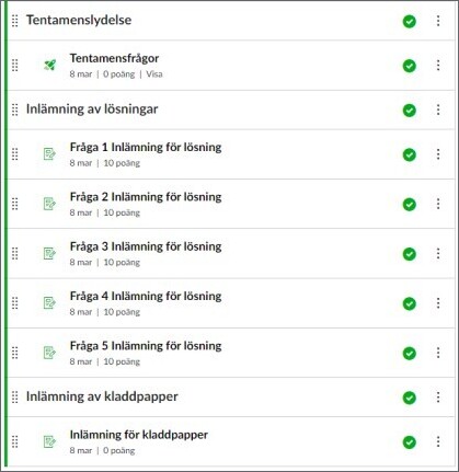 Modul med quiz, 5 uppgifter för inlämning och en inlämning för kladdpapper tydligt publicerat.