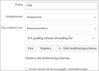 Resultalternativ för en uppgift, värd 100 poäng och omdömet visas som bokstavsomdöme.