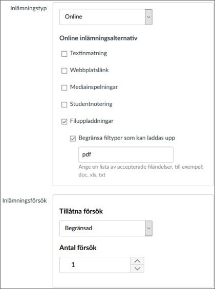 Uppgift med inlämningstyp satt till "filuppladdningar" begränsat till PDF, med ett inlämingsförsök.