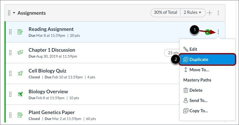 Screenshot, shows the three point menu and the option to duplicate an assignment