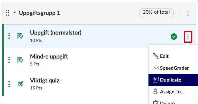 Assignment list with options menu open for and assignment, with "duplicate" chosen.