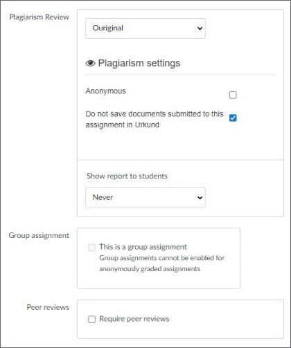 Plagiarism review set to "Ouriginal". Unticked boxes for group assignment and peer review.