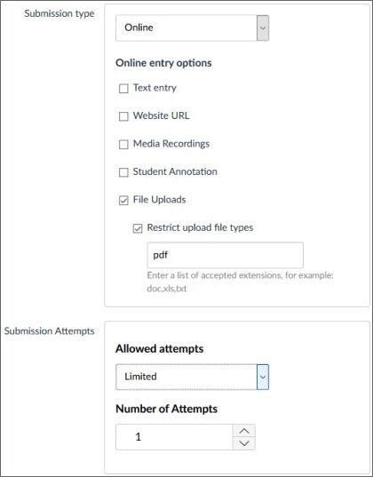 Assignment with submission type "file uploads", restriced to PDF, with one submission attempt.