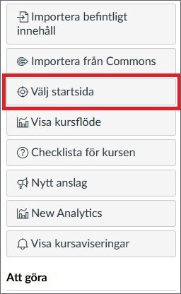 Sidolisten på startsidan. Knappen "välj startsida" är markerad.