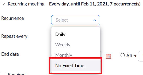 Sceenshot drop-down menu for recurrence. The option "No fixed time" is highlighted