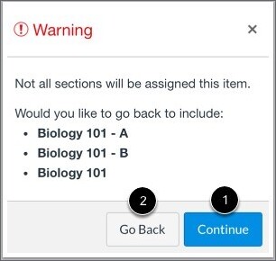 Warning popup with a list of missing sections. Buttons Go Back and Continue are marked.