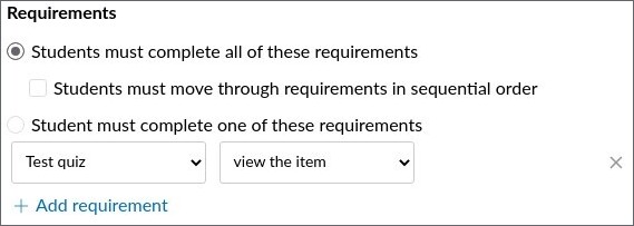 Modul krav eng_border72.jpg Screenshot of added prerequisite in a module with a quiz. Prerequisite is "View the item"