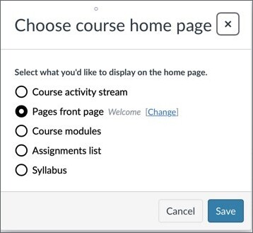 Choose Home page pop up_border72.jpg Screenshot of popup with 5 options for the Home page. "Pages front page" is selected.