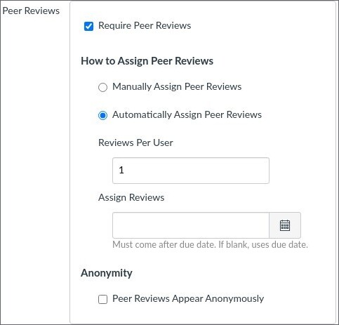 Screenshot with all alternatives for peer review. Automatic assignment is chosen, 1 review per user