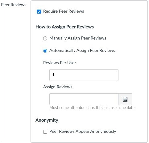 All alternatives for peer review. Automatic assignment is chosen, 1 review per user.