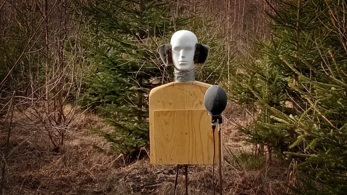 A binaural recording setup placed in the forest near Arlanda - a dummy head with microphones in ears