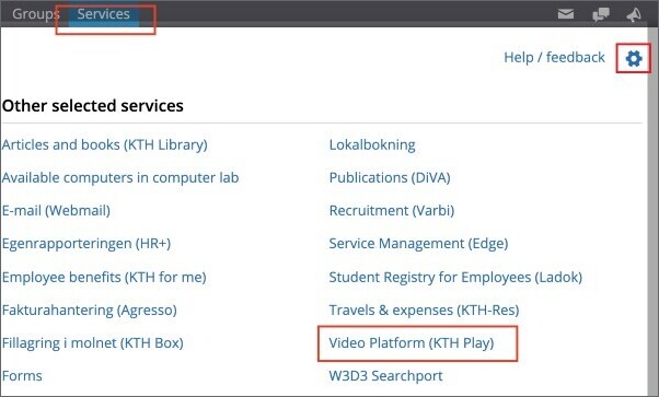 The Services tab in the Personal Menu. Video Platform (Kaltura) and cogwheel button marked.
