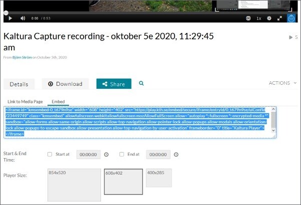 Share tab in KTH Play with the embed code marked. The player settings are underneath. 