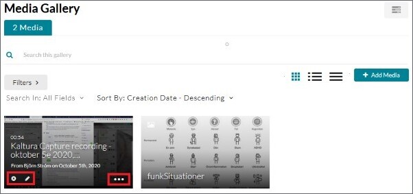 Media Gallery. Buttons for delete, edit and more settings for a video are highlighted.