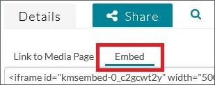 KTH Play tab menu with the Share tab opened and the Embed sub-tab highlighted.