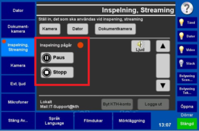 Skärmbild av kontrollpanel för inspelning, menyval "Inspelning, Streaming". Paus och Stopp är märkta