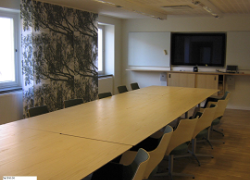 Hall with large elongated meeting table with chairs. A screen is on the wall at the short side.