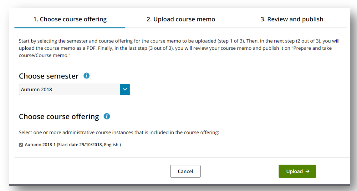 Picture of the page Choose course offering (upload alternative course memo) 
