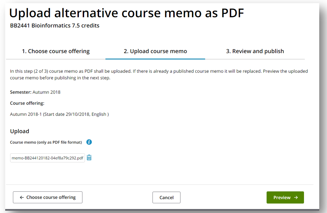 Picture of the page Upload course memo (upload alternative course memo) 