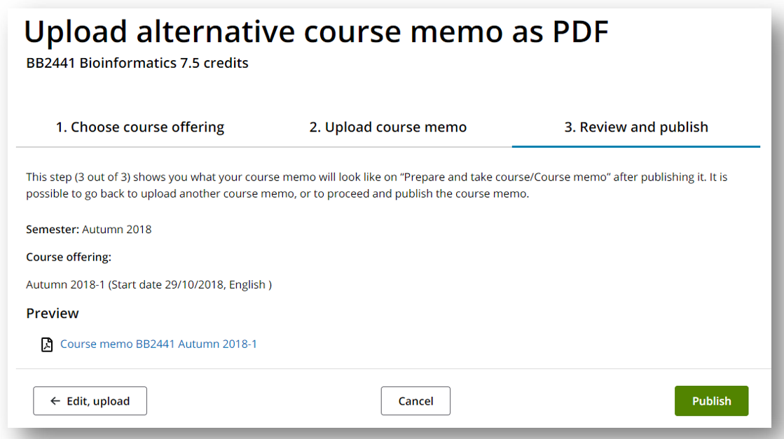  Picture of the page Review and publish (alternative course memo) 