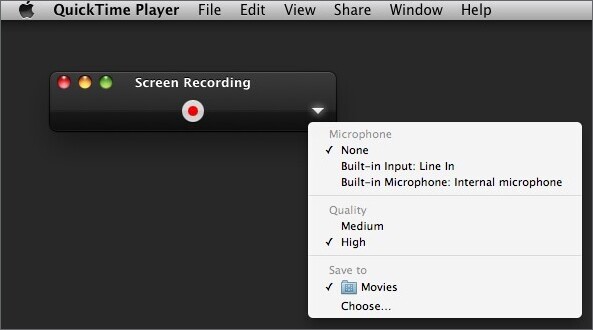 Screen recording settings in a menu in Quick Time Player.
