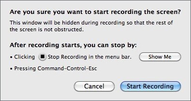 Dialog box with the button for Start recording in Quick Time Player.