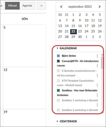 Canvas kalender med fokus på listan av kalendrar.