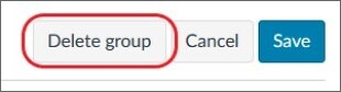 Group detail page zoomed in on the button "Delete group", which is highlighted.