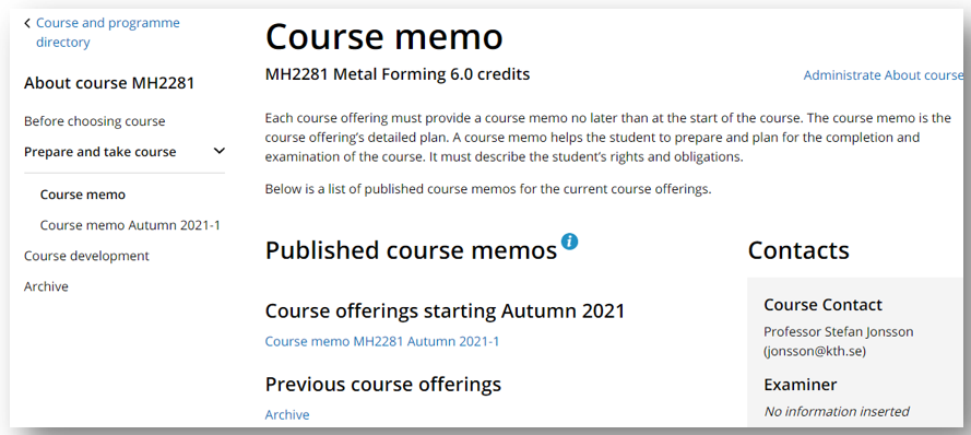 Picture of the the subpage Course memo