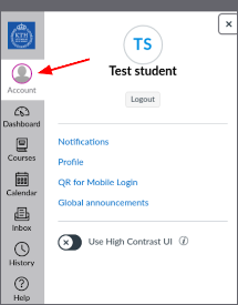 The Canvas menu and an arrow pointing to "Account".